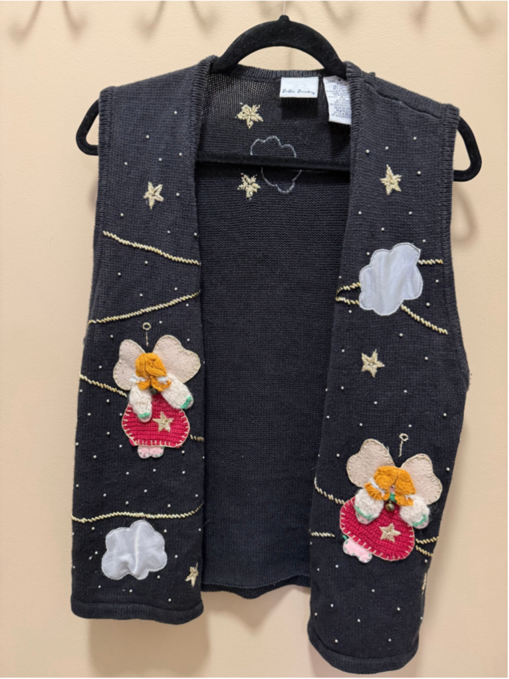 Bobbie Brooks Angel Christmas Open Front Sweater Vest Women’s M Black Beaded